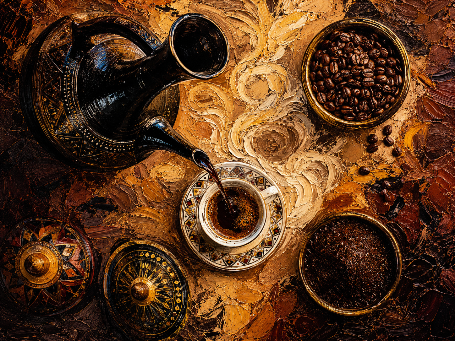 Ethiopian Coffee Ceremony Oil Painting Canvas Print – Luxury Cafe & Lounge Art