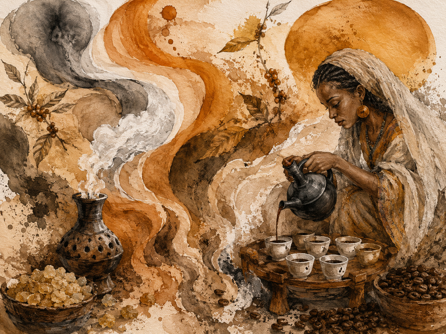 Abstract Frankincense Smoke & Coffee Watercolor Print – Premium Hospitality Decor