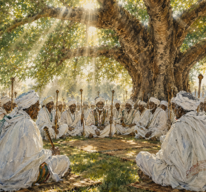 Borena Gadaa Assembly Under the Sacred Odaa Tree Watercolor