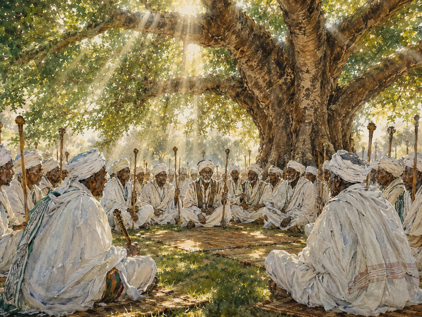 Borena Gadaa Assembly Under the Sacred Odaa Tree Watercolor