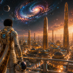 Neon Obelisk Skyline Afrofuturist Portrait